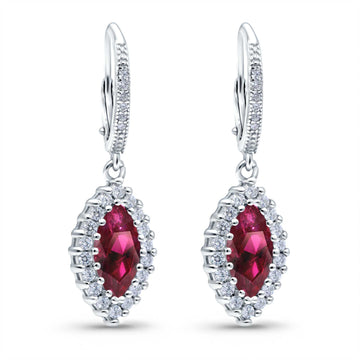 Halo Marquise Dangling Leverback Wedding Earrings Simulated Ruby CZ 925 Sterling Silver (31mm)
